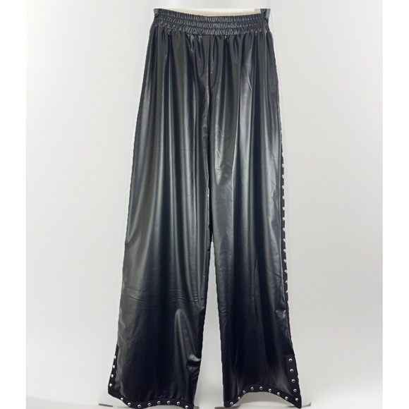 SHEIN Infinite Styles Faux Leather Stud Side Slit Side Wide Leg Pants Black Punk - Picture 4 of 5